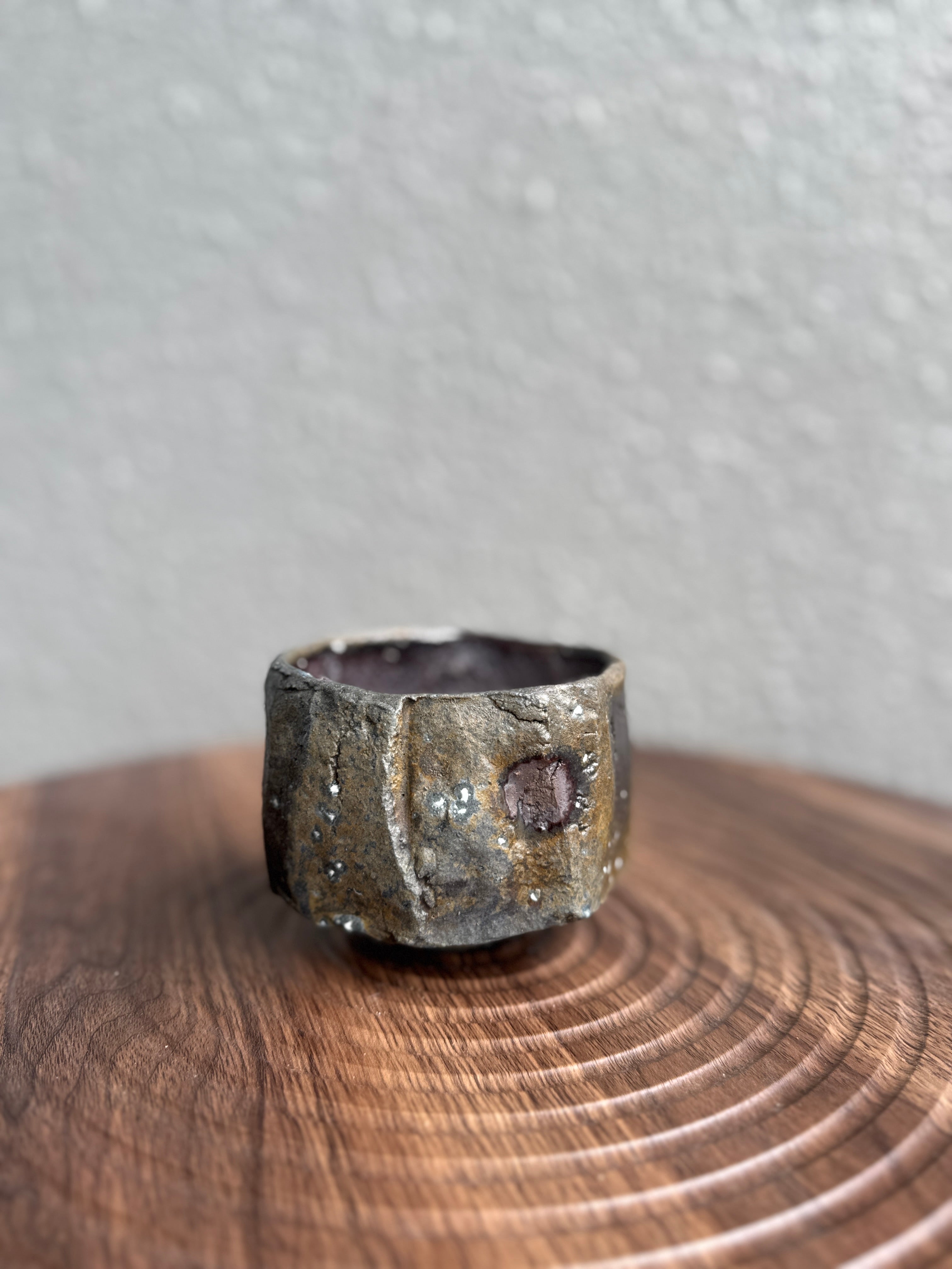 Kurinuki carved tea bowl with unrepeatable flame marks, woodfired in Bali