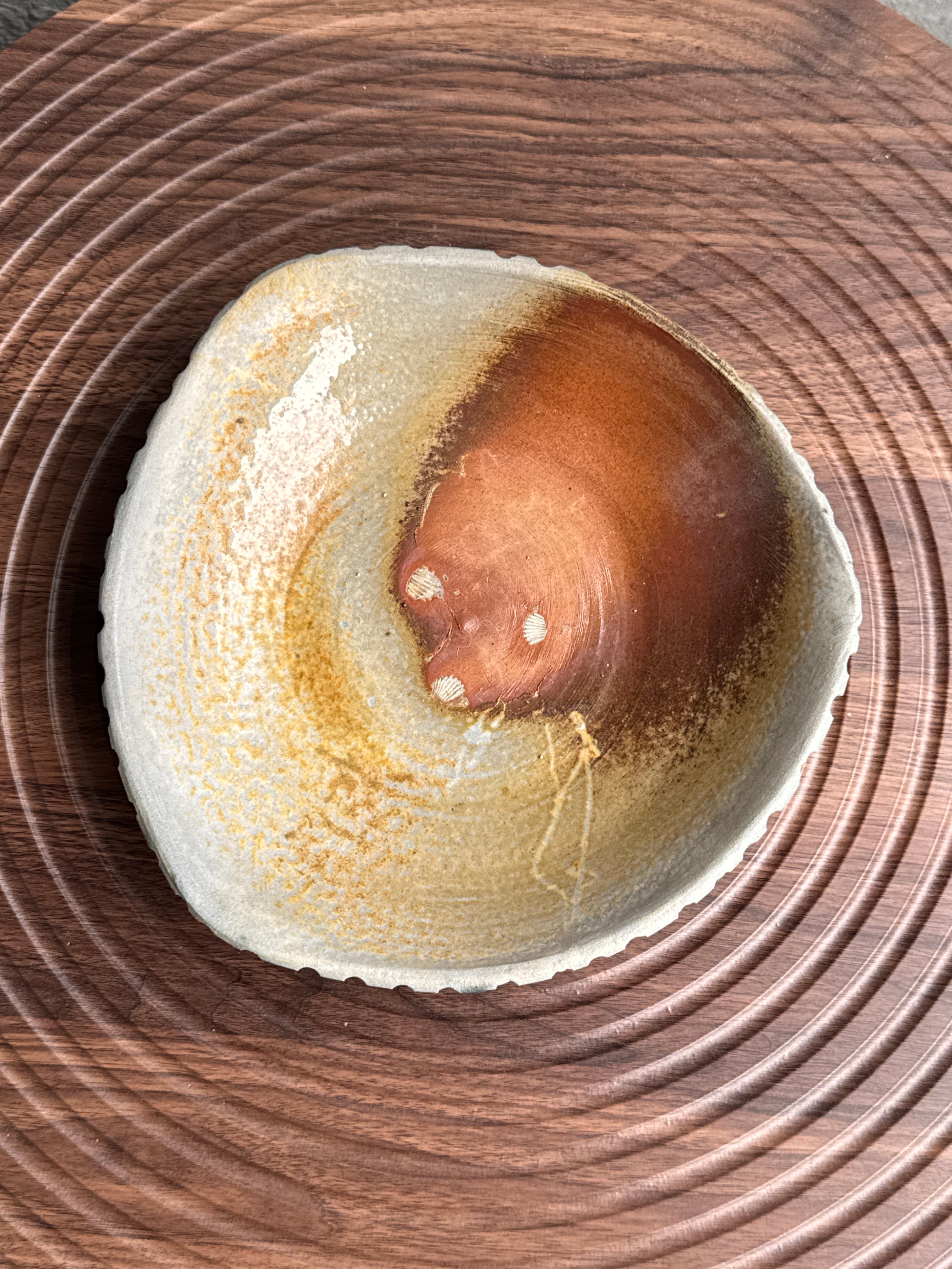 Detail of fire shadow and shell prints on a woodfired stoneware plate, Ubud Forest