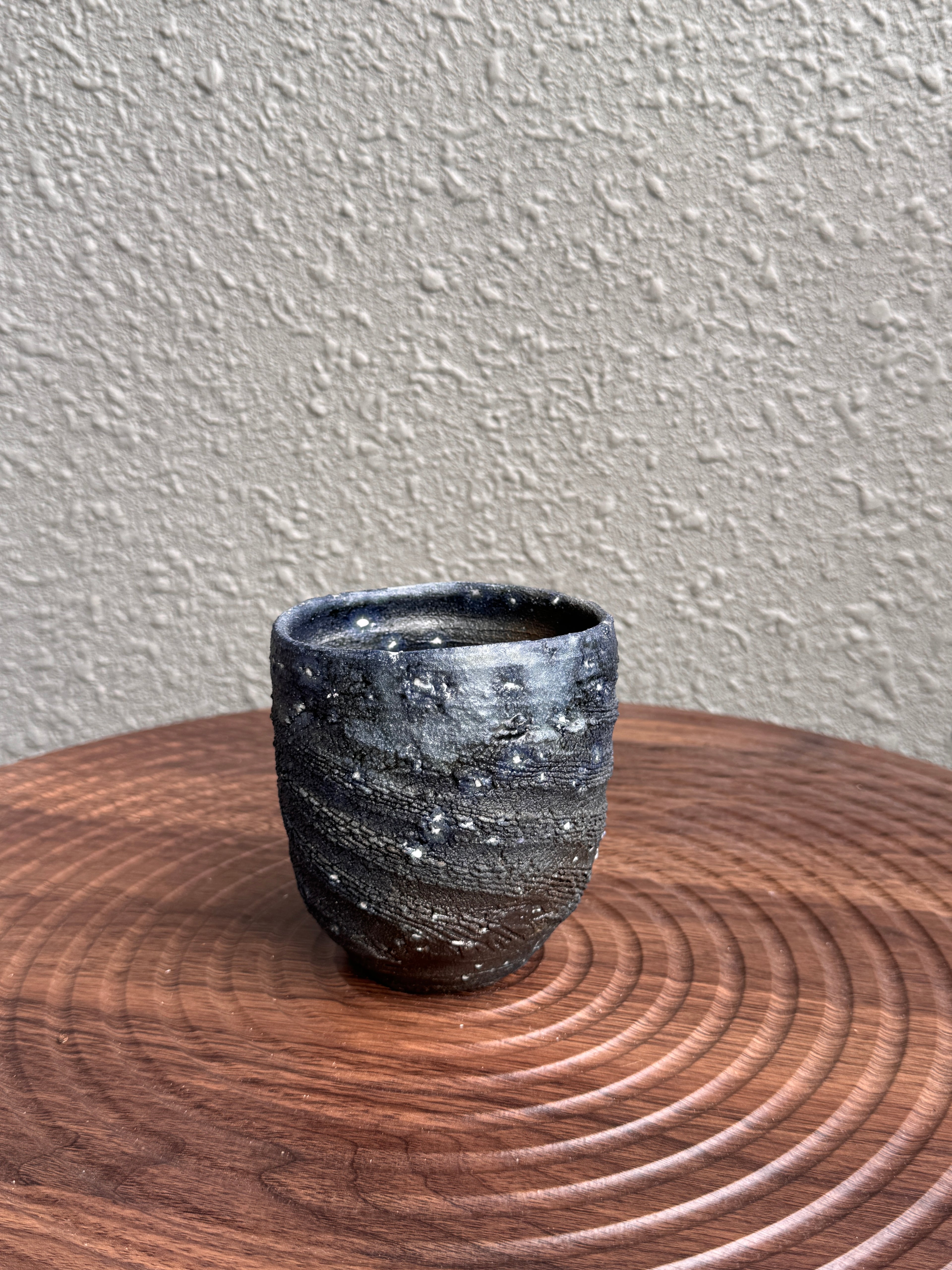 Wide-rimmed woodfired yunomi cup with scored ridge texture, Ubud Forest