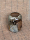 Woodfired stoneware vessel with heavy ash deposit and iron-red drips, fired in the kiln firebox, Tokoname
