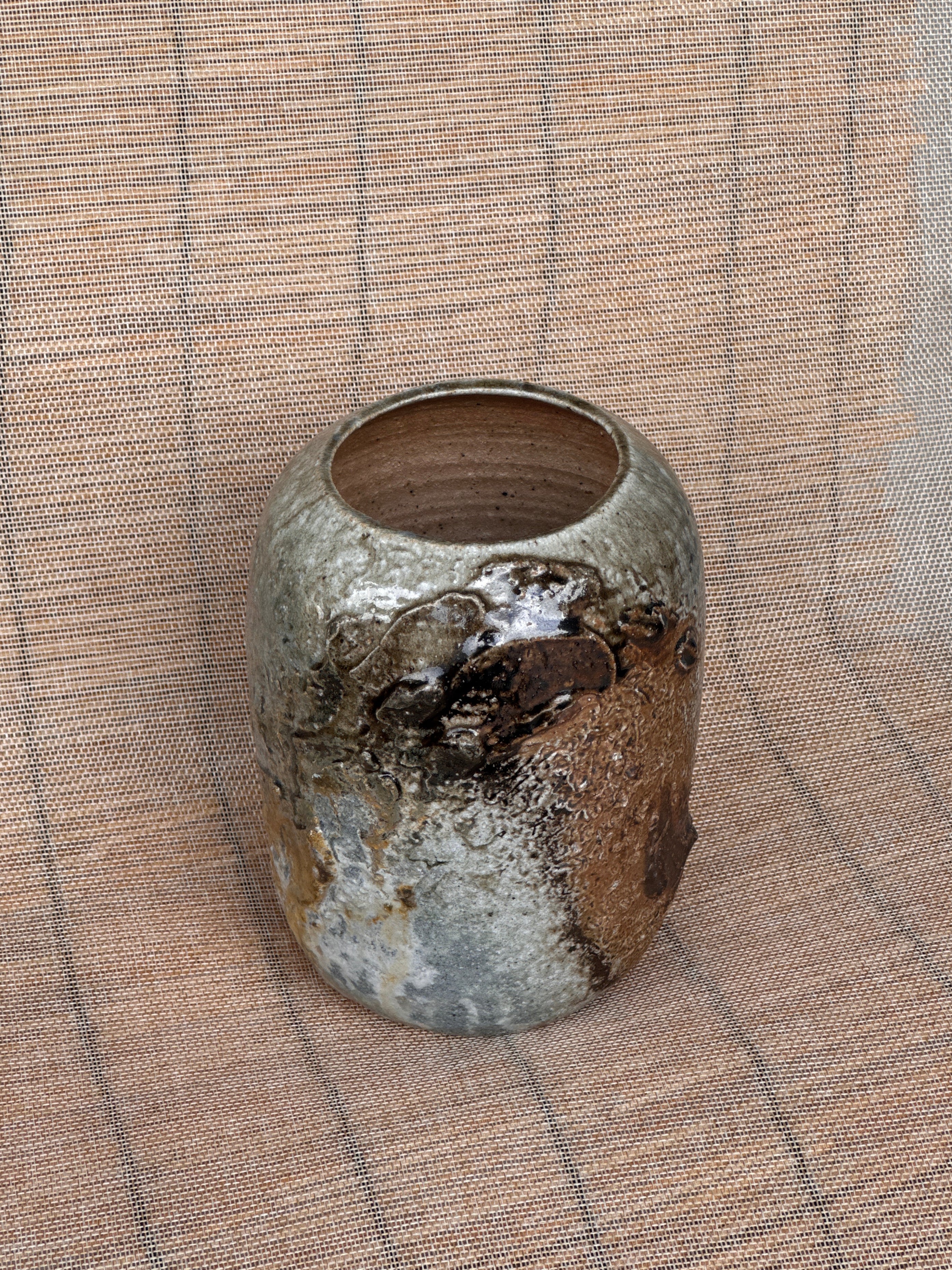Woodfired stoneware vessel with heavy ash deposit and iron-red drips, fired in the kiln firebox, Tokoname