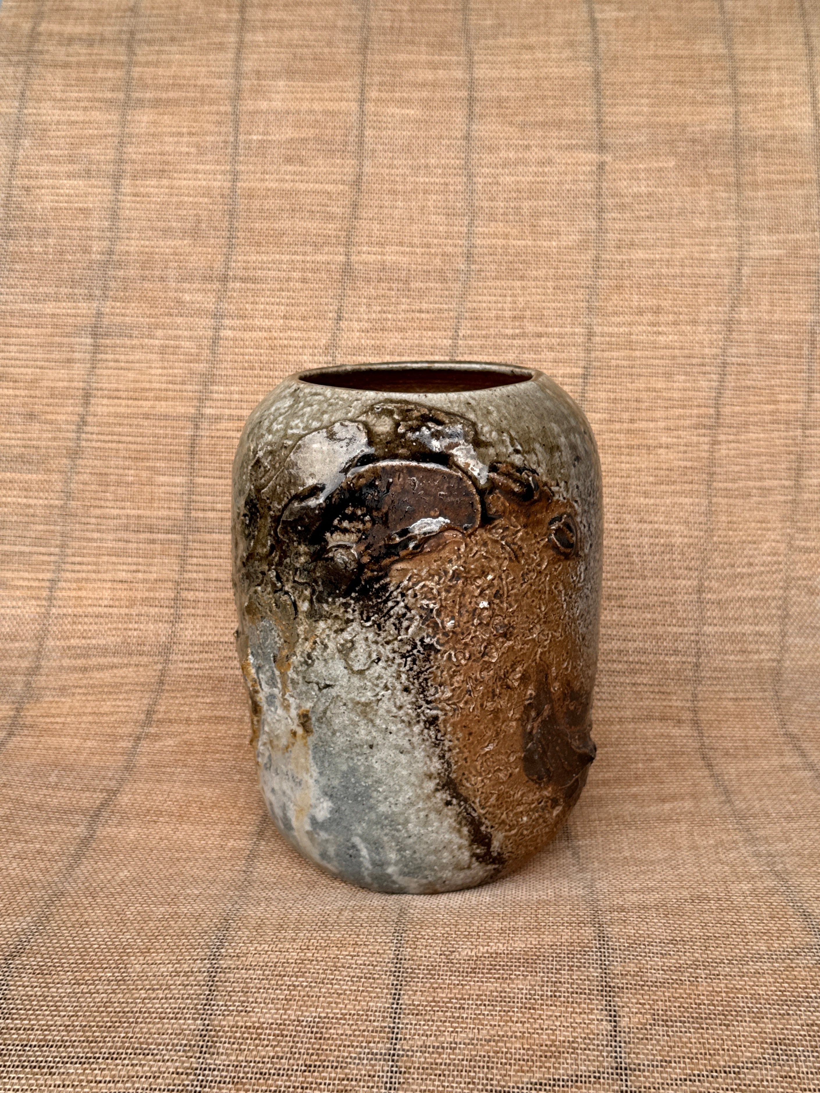 Detail of ash drip pattern on a woodfired stoneware vessel, Tokoname