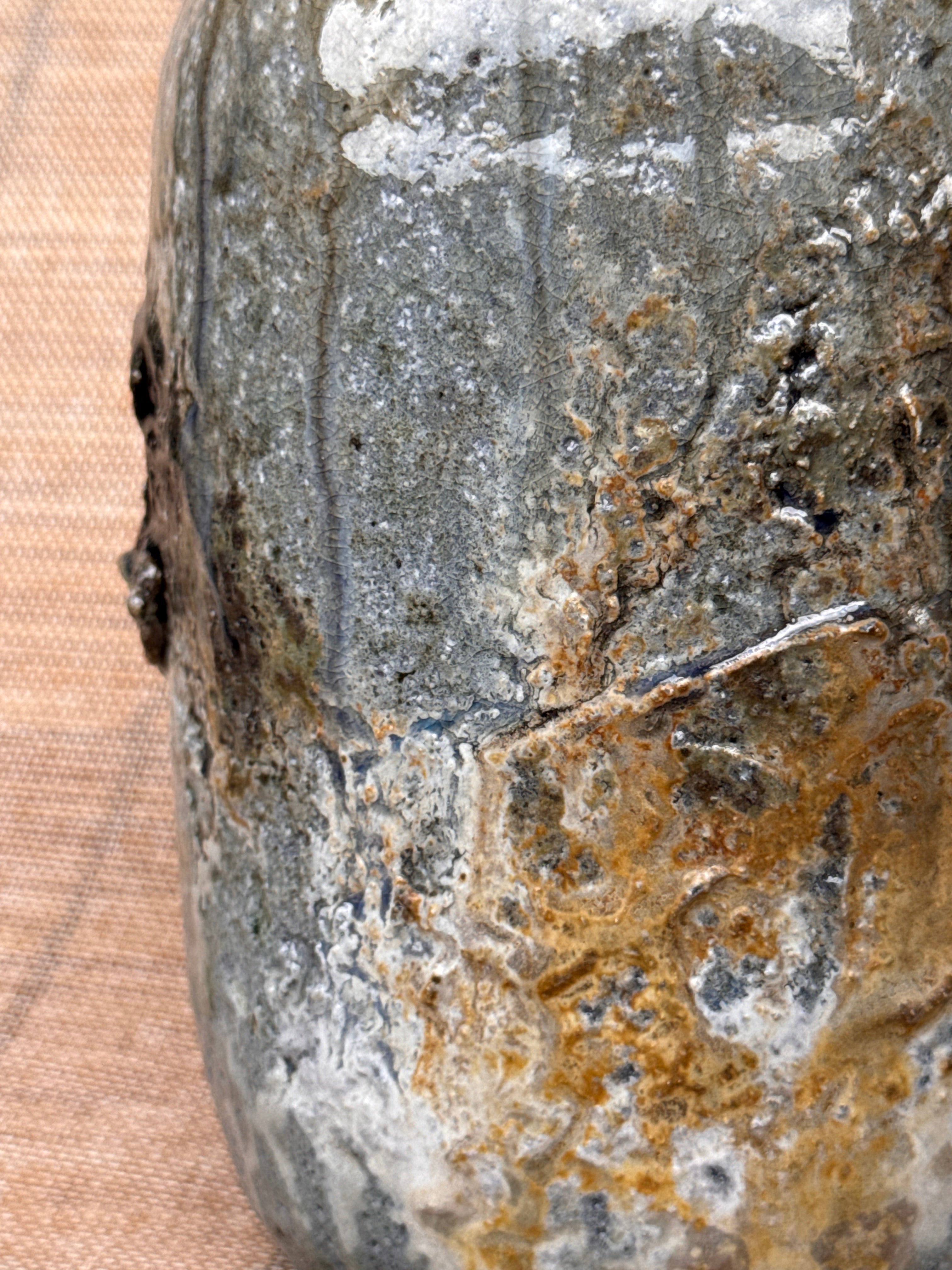 Side view of a woodfired stoneware vessel, Tokoname