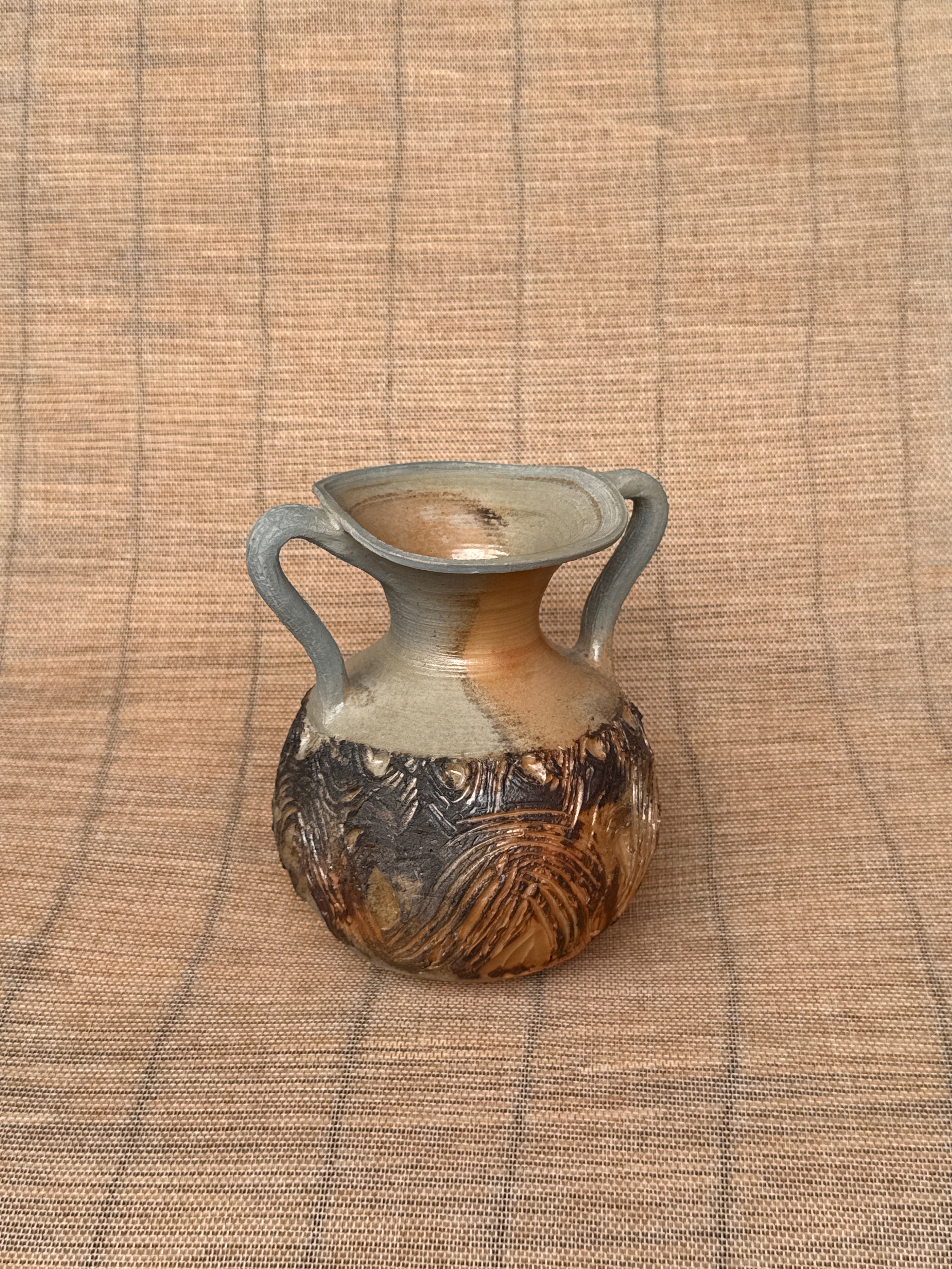 Greek amphora form stoneware vase, woodfired in an anagama kiln, Tokoname, Japan