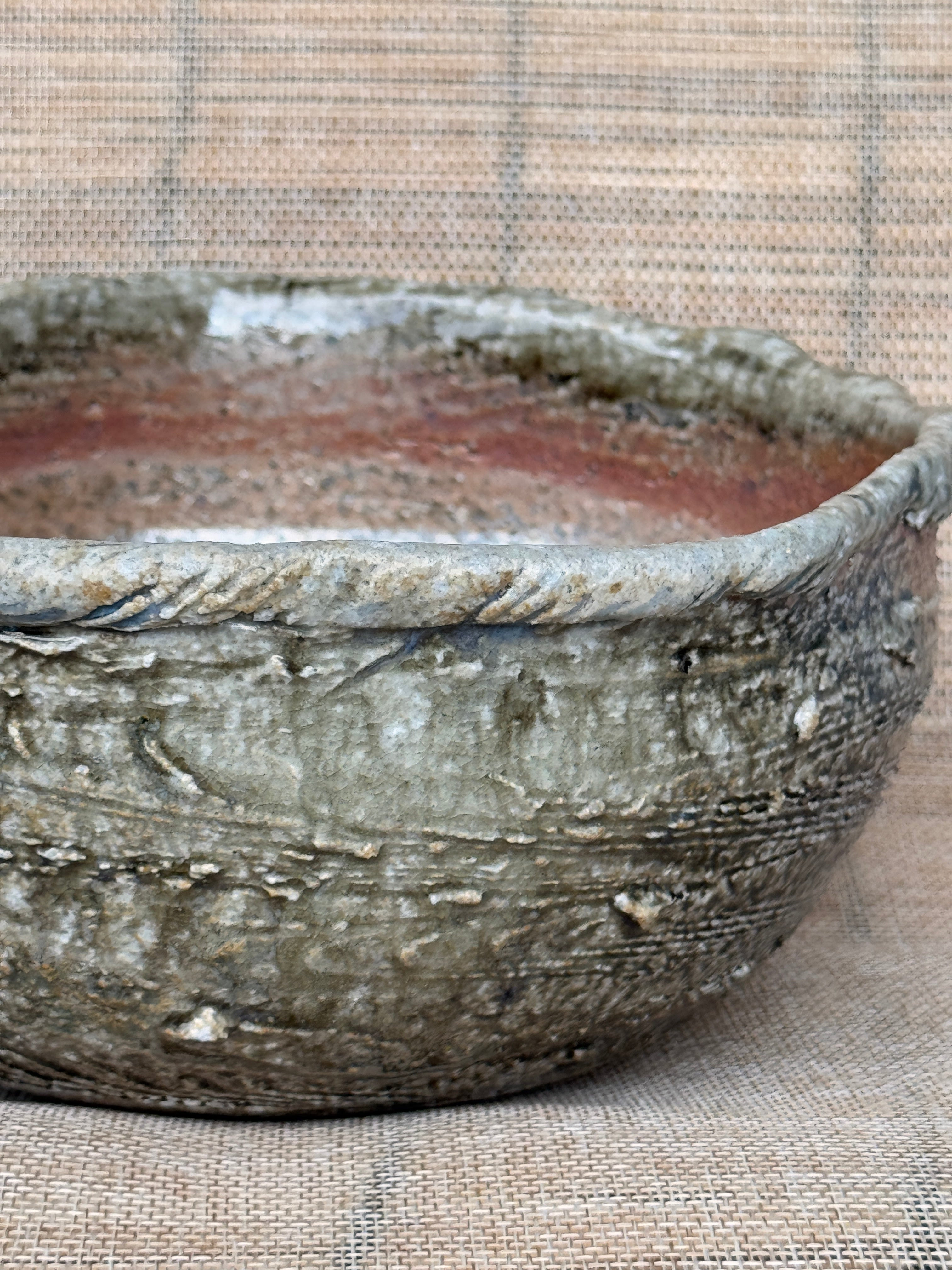 Woodfired stoneware fruit bowl viewed from above, Tokoname