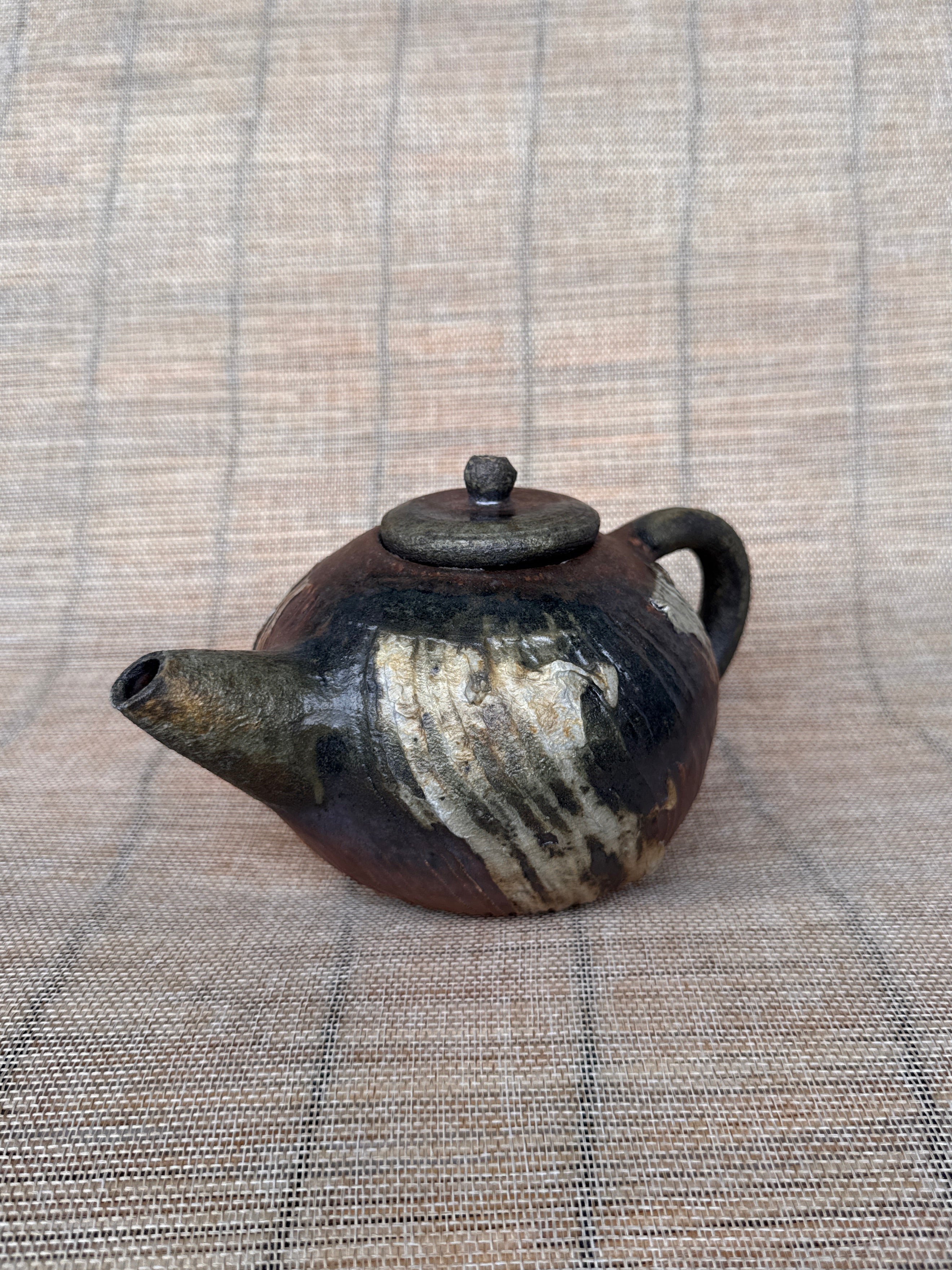 Small wheel-thrown stoneware teapot, woodfired in Tokoname, Japan