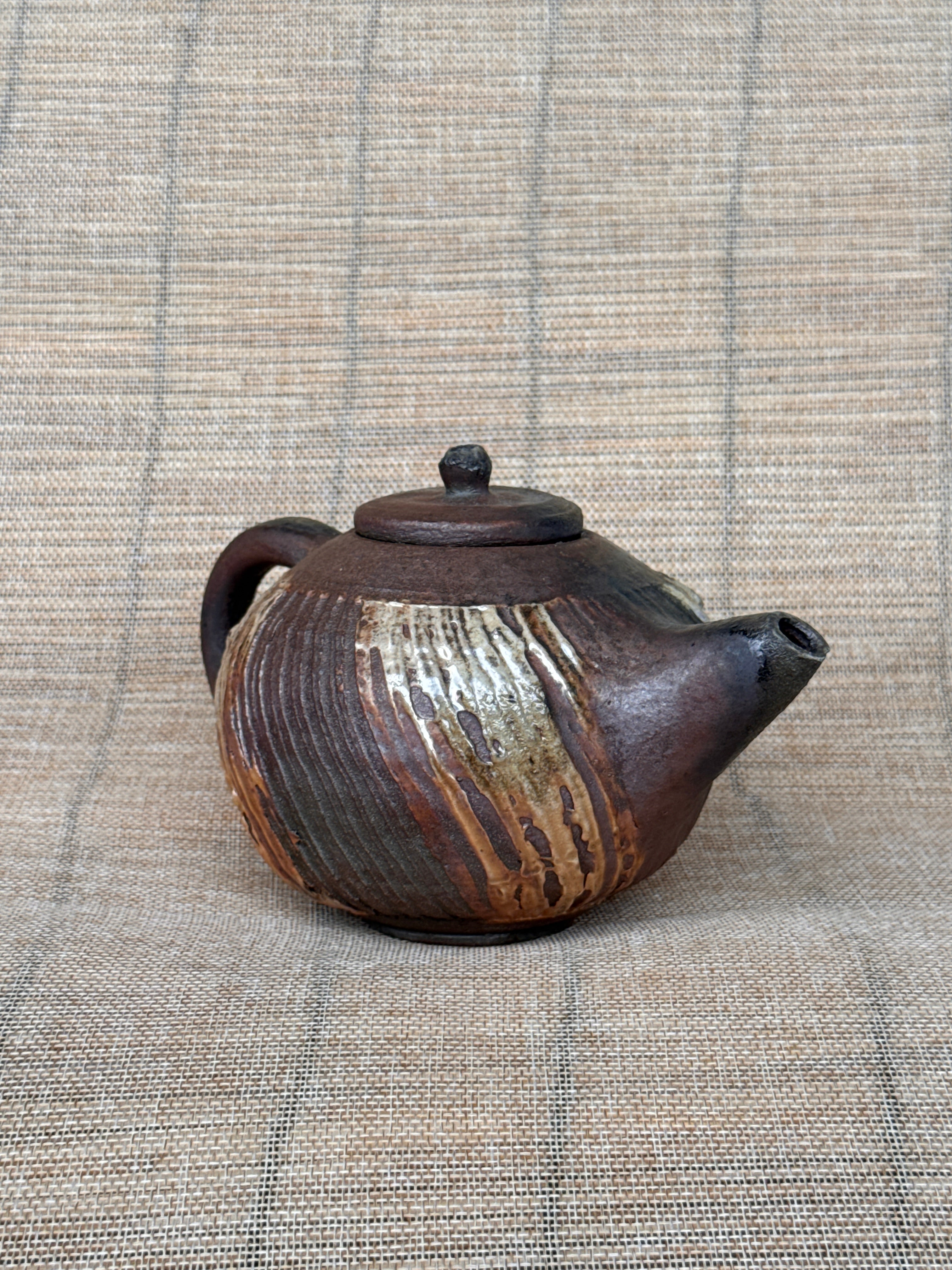 Small woodfired stoneware teapot viewed from the side, Tokoname