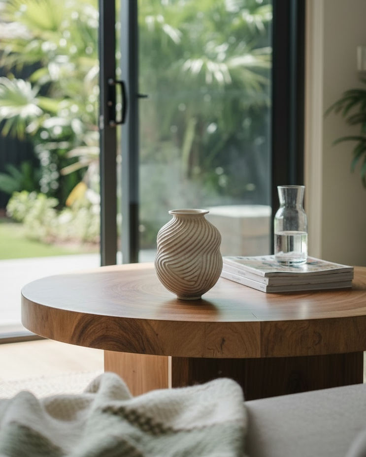 Side view of a matte cream stoneware vase, Honeycomb collection