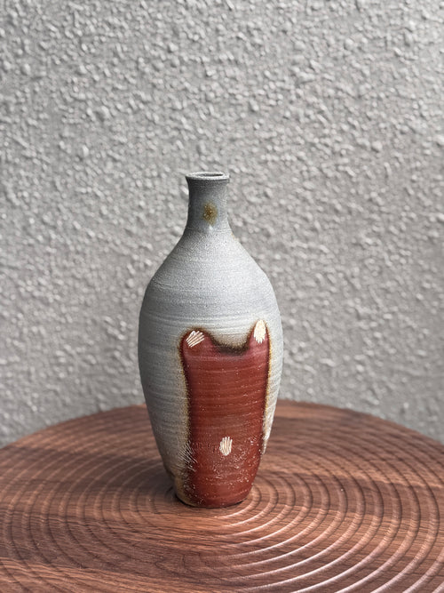 Small woodfired stoneware bud vase with shell-wadding prints, Ubud Forest, Bali